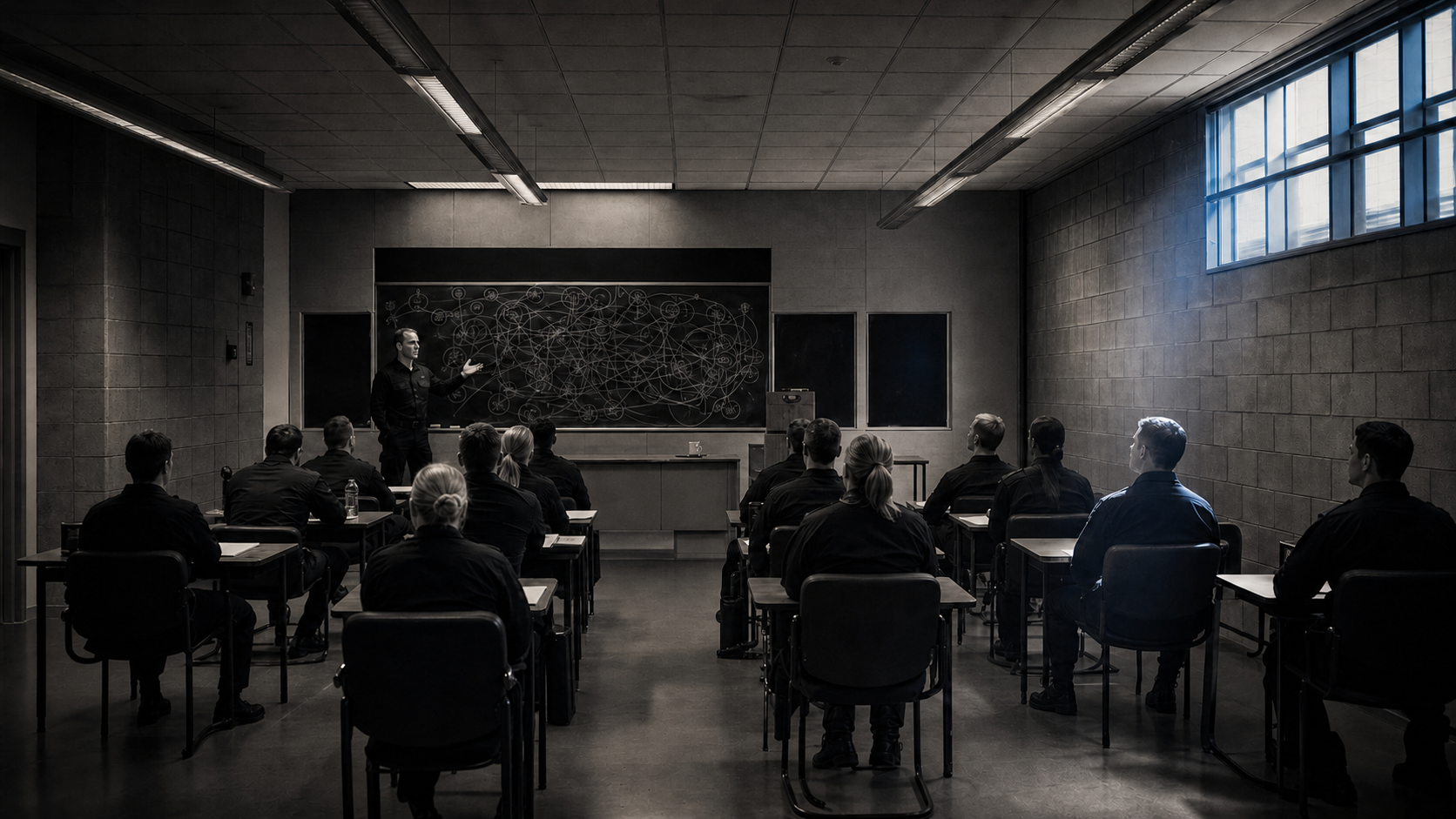 Police recruits attend an academy classroom while an instructor maps a complex web of public responsibilities.