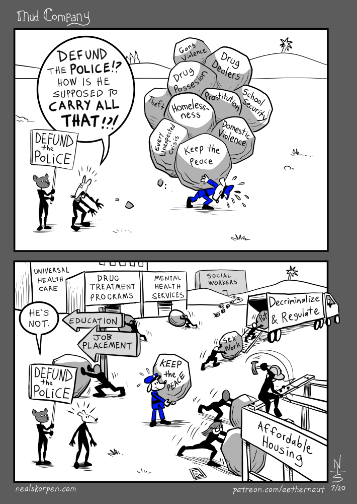 Two-panel Mud Company cartoon. In the first panel, a police dog buckles beneath boulders labelled with social problems. In the second, public services carry those boulders away while the relieved officer holds only Keep the Peace.