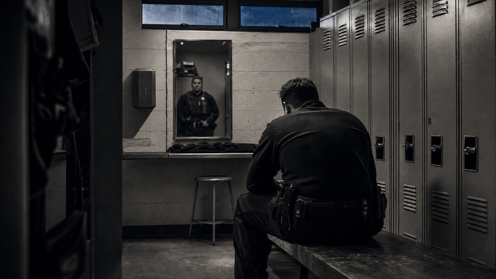 An exhausted officer sits alone in a locker room after shift, facing his reflection.