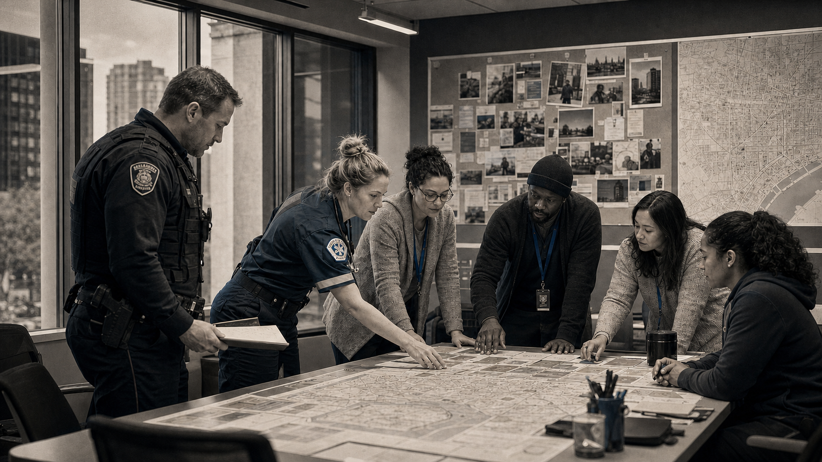 Police, paramedics, mental-health clinicians and outreach workers coordinate a shared community response around a city map.