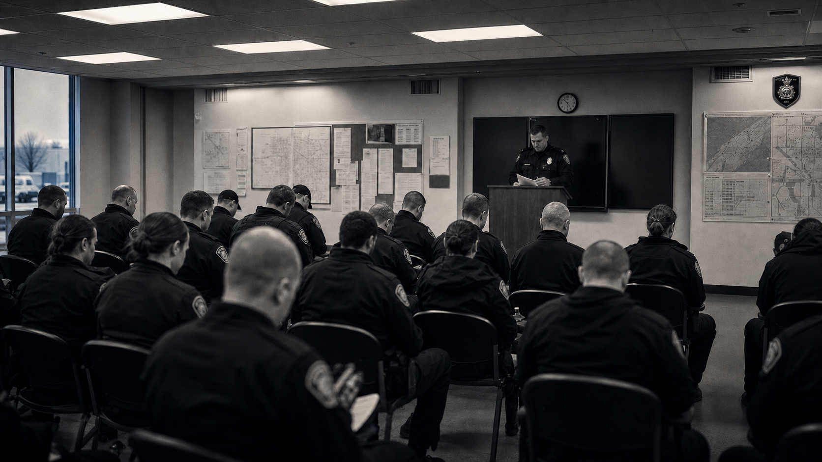 Officers listen during an early-morning roll call briefing as assignments are read from a podium.