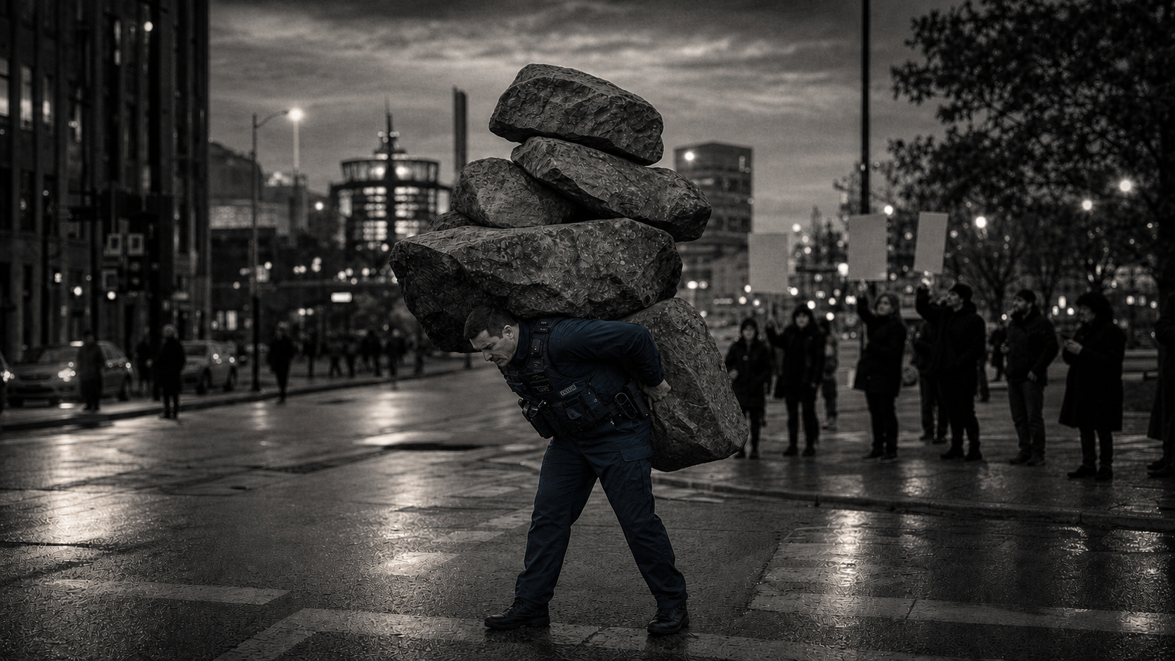 An officer bends under an impossible stack of boulders on a city street, a visual metaphor for responsibilities loaded onto police.